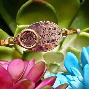 Bangle Bracelet. "Faith Makes All Things Possible". Hammered Silver & Gold.